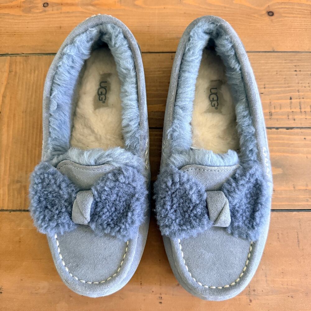 UGG Ansley Fur Bow Slippers Size 8 Grey Geyser Suede Shearling Moccasins Loafers